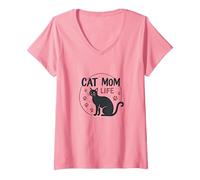 Cat Mom Life: Zampa Stravagante dell'amante dei felini, Gatto Maglietta con Collo a V, Donna, Rosa, L