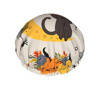 Cat On The Moon And Pumpkin Halloween Bat Web Cuffia da Doccia, Cuffie da Bagno Riutilizzabili per Donna Capelli Lunghi, Doppio Strato Impermeabile da Bagno Cappello da Doccia Protezione per Capelli