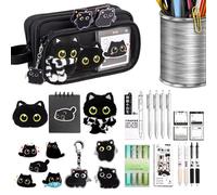 Cat Pencil Case Set- 10-layer Design With Stickers And A Pen, Black Cat Stationery Supplies | Students Pencil Pouch | For Kids Boys Girls School Classroom Home Study Travel Birthday Christm