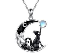 Cat Pendant Necklace - Moon and Cat Charm Jewelry Adjustable Chain Necklace