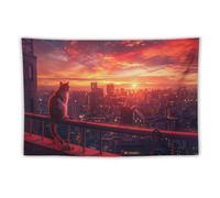 Cat Perched On The Balcony Cityscape Red And Orange Colors Painting The Sky Arazzo Arazzo Appeso Arazzi Parete Arazzi Appeso Per Dormitorio Camera Da Letto Festa 100x150cm