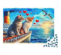 Cat Puzzle for Adults 14-99 Years Two Cats on Ship with Hearts Educational Game for Home Decor & Gifts 52x38cm 1000pcs