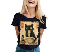 Cat Ramen Divertente Grafica Tè Gatto Anime T Camicia Abbigliamento, Nero , L