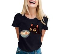 Cat Ramen Divertente Grafica Tè Gatto Anime T Camicia Donna Camicette Estate, Nero , XXL