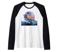 Cat Riding Dinosaur in Moon US Patriotic Flag 4th of July Maglia con Maniche Raglan