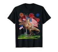 Cat Riding Dinosaur T Rex USA Patriotic Flag 4th of July Maglietta