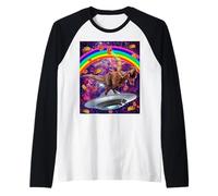 Cat Riding Dinosaur Trex UFO Taco Donuts in Galaxy Maglia con Maniche Raglan