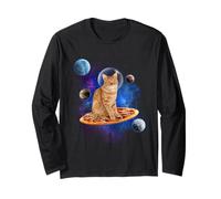 Cat Riding Pizza in Space Galaxy Funny Kitten Cats Lovers Maglia a Manica