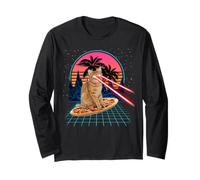 Cat Riding Pizza Laser Eyes 80s Cat in Space Cats Lovers Maglia a Manica