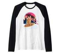 Cat Riding Pizza Laser Eyes 80s Cat in Space Cats Lovers Maglia con Maniche Raglan