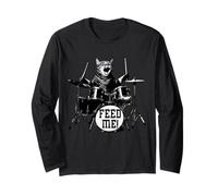 Cat Rock and Roll Funny Drum Music Kawaii Cute Punk FEED ME! Maglia a Manica