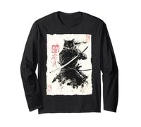 Cat Samurai Japanese Sumi-e Painting Katana Art Maglia a Manica
