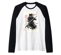 Cat Samurai Japanese Sumi-e Painting Katana Art Maglia con Maniche Raglan
