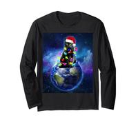 Cat Santa Hat Christmas Tree Lights in Space Funny Xmas Maglia a Manica
