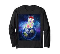 Cat Santa Hat Christmas Tree Lights in Space Funny Xmas Maglia a Manica