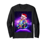 Cat Santa Hat Christmas Tree Lights in Space Funny Xmas Maglia a Manica