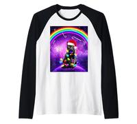 Cat Santa Hat Christmas Tree Lights in Space Funny Xmas Maglia con Maniche Raglan