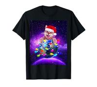 Cat Santa Hat Christmas Tree Lights in Space Funny Xmas Maglietta