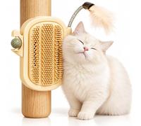 Cat Self Groomer, 3-in-1 Corner Brush with Feather Toy and Catnip (Beige) | Rounded Bristles • Adhesive Wall Mount • Cat Self Brush for Rubbing & Play • Compact Indoor Grooming Spot
