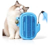 Cat Self Groomer, 3-in-1 Corner Brush with Feather Toy and Catnip (Blue) | Rounded Bristles • Adhesive Wall Mount • Cat Self Brush for Rubbing & Play • Compact Indoor Grooming Spot