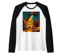 Cat Selfie con UFO e spettatori Amish Surreale Sci-Fi Scena Maglia con Maniche Raglan