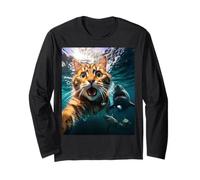 Cat Selfie During Shark Chase Funny Underwater Graphic Maglia a Manica