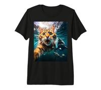 Cat Selfie During Shark Chase Funny Underwater Graphic Maglietta Premium