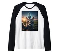 Cat Selfie with Alien on The Back Funny for Kids Teens Adult Maglia con Maniche Raglan