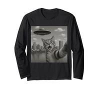 Cat Selfie With Alien UFO Shirt Denver Cat UFO Invasion Maglia a Manica