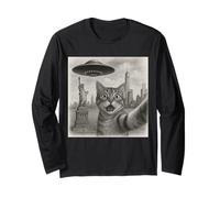 Cat Selfie With Alien UFO Shirt New York Cat UFO Invasion Maglia a Manica