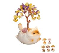 Cat statue Crystal Tree,Feng Shui Money Tree for Home Office Desk Decor,Lucky Cat Figurine Gift for Women & Cat Lovers,Decoration for Good Vibes (F)