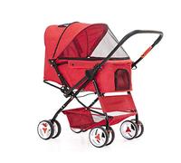 Cat Stroller Easy One-hand Fold, 4 Wheel Dog Strollers for Medium Small Dogs, Reversible Push Handle Pet Stroller Puppy & Kitten Carrier Extended Cockpit 25in(Red)