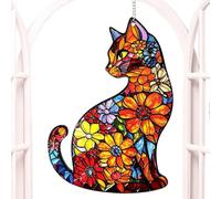 Cat Suncatcher Ornament, Stained Glass Decor with Flower Designs, 20 cm