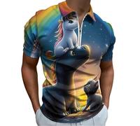 Cat Un-icorns Riding Dinosaur - Polo da uomo con cerniera a un quarto e colletto a maniche corte, vestibilità aderente, Stile:, 5XL