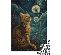 Cat Under Starry Sky 1000 Pezzi Cartone Spesso Ginger Cat with Dandelions Art Puzzle Per Amatori Taglio Preciso Senza Polvo Serata Giochi Finitura Curata 38x26cm/1000pcs