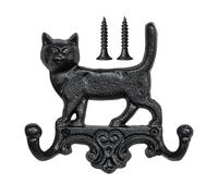 Cat Wall Hooks - Vintage Black Iron Organizer, Heavy Duty Metal Double Coat Hangers, Rustic Farmhouse Hat Key Holders, Decorative Animal Shaped Purse Racks - For Home Entryway Bathroom Kitchen