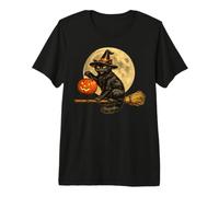 Cat Witch Hat Jack O Lantern Zucca Luna Piena Scopa Maglietta Premium