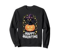 Cat Witch Hat Pumpkin Happy Haunting Felpa