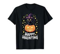 Cat Witch Hat Pumpkin Happy Haunting Maglietta