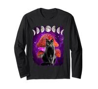 Cat with Mushroom Moon Phases in Space Funny Black Cats Maglia a Manica