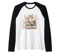 Cat with Pink Flowers for Women And Girls Who Loves Books Maglia con Maniche Raglan