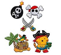 Catch the Patch Forziere Tesoro Pirata Patch Termoadesivi Set di 5 per Bambini con Dettagliato Vintage Regalo Idea Originale, Toppe Adesive Cucire Vestiti Festa Compleanno