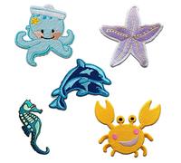 Catch the Patch Spiaggia Animali Marini Patch Termoadesivi Set di 5 per Bambini Adulti con Marina Costa Vintage Originale, Toppe Adesive Cucire Vestiti Vacanze Compleanno