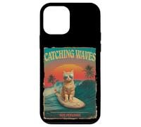 Catching Waves Not Feelings Funny Surfing Cat Retro anni '80 Custodia per iPhone 12 mini