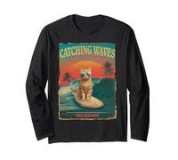 Catching Waves Not Feelings Funny Surfing Cat Retro anni '80 Maglia a Manica