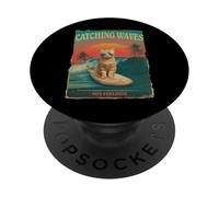 Catching Waves Not Feelings Funny Surfing Cat Retro anni '80 PopSockets PopGrip Adesivo