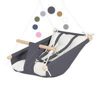 Cateam - Amaca in tela per bambini, altalena sospesa, in legno, con cintura di sicurezza e parti di montaggio, per il compleanno (Grigio-bianco)
