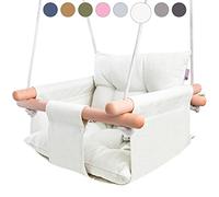 CaTeam - Sedia Oscillante per Bambini in Tela, Sospesa in Legno con Cintura di Sicurezza, Comoda e Resistente per Uso Indoor ed Outdoor, Colore Avorio