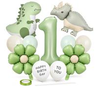 Catelves Set di palloncini a forma di dinosauro per il primo compleanno, 13 pezzi, colore verde, con numero 1, palloncini in alluminio, palloncini a forma di dinosauro, palloncini a fiori, palloncini