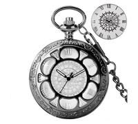 (Catena da 30 cm nera) Orologio da tasca al quarzo con quadrante blu stellato, cassa cava in bronzo,